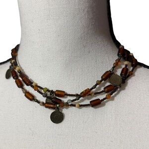 Multi-Strand Brown Beaded Choker Necklace with Coin Charms
